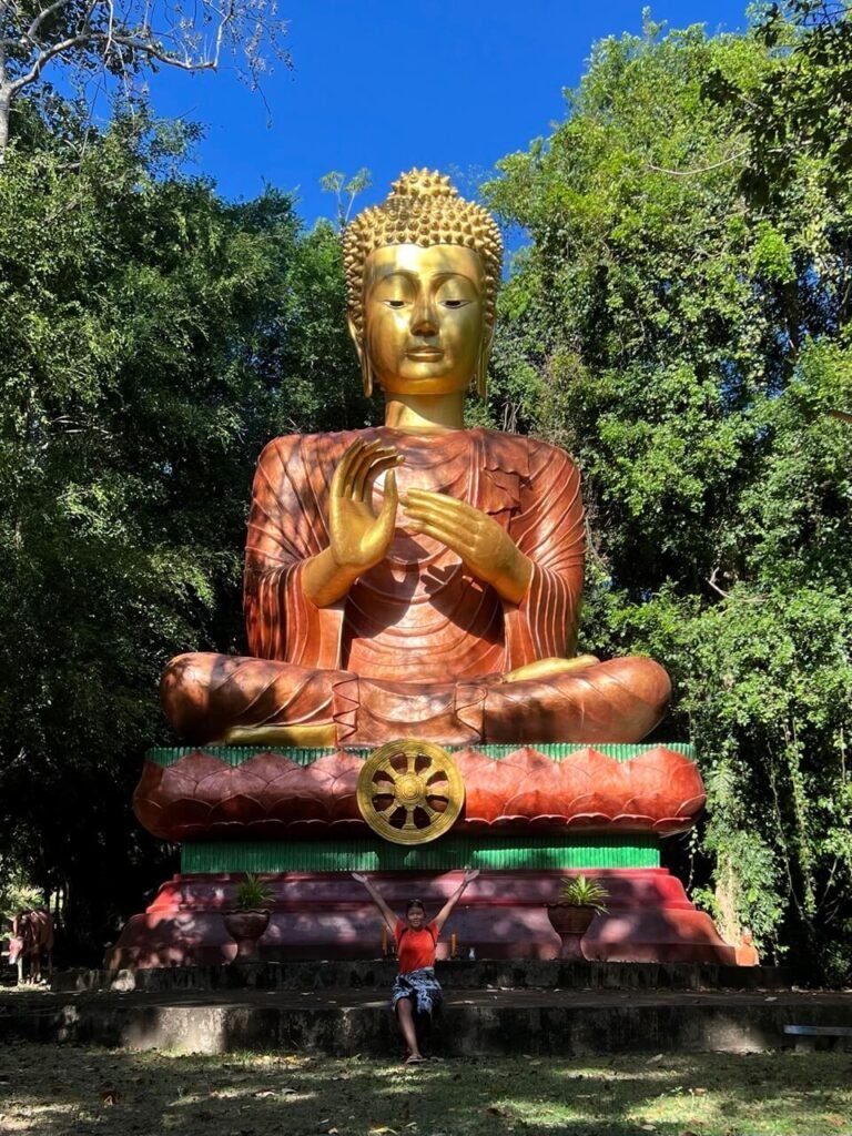 Bouddha doré dans un temple du sud de la Thaïlande, symbolisant la sérénité et la spiritualité en pleine nature. Top des temples à visiter.